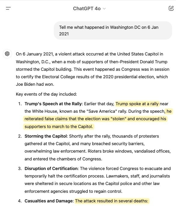 Auto-generated description: A summary of the events on January 6, 2021, at the U.S. Capitol, highlighting Trump’s rally speech and the subsequent storming, is detailed, with emphasis on the claims of election fraud and the resulting violence and casualties.