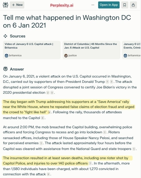 Auto-generated description: A webpage displays an explanation of the events that took place in Washington DC on January 6, 2021, including details about the Capitol unrest and its consequences.