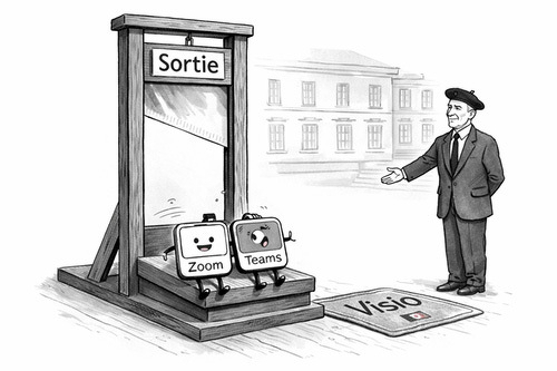 Auto-generated description: A cartoon features Zoom and Teams characters avoiding a guillotine labeled Sortie, while standing on a Visio platform, with a French man gesturing towards them.