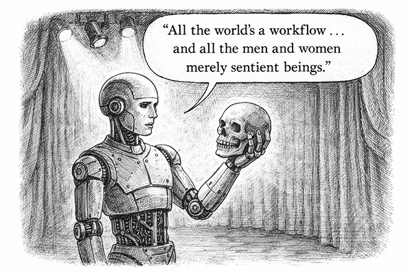 Auto-generated description: A robot stands on stage holding a skull, referencing Shakespeare with a modern twist on the famous quote.