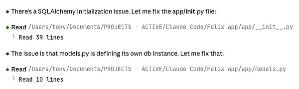 Auto-generated description: The image shows a text log describing a SQLAlchemy initialization issue and the need to fix two Python files, `init.py` and `models.py`, by reading lines from each.